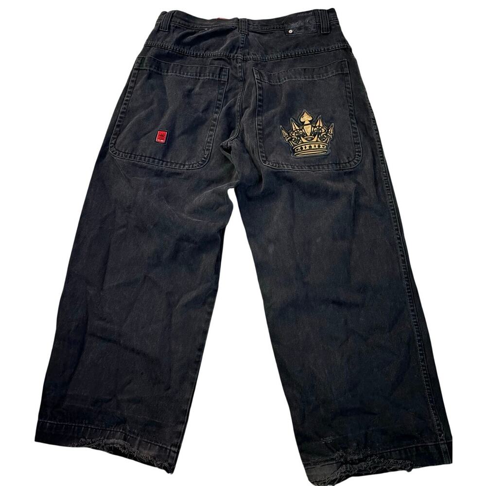 VTG Y2K JNCO Spade Crown Black Wide Leg Baggy Jeans 36x30 Made in HK Skater Emo